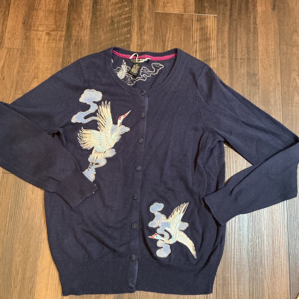 Lucky Brand Embroidered Crane Cardigan Navy Blue Button Front XL Boho Knit